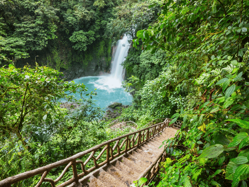 stairs leading down to  Rio Celeste waterfall in Costa RIca. 